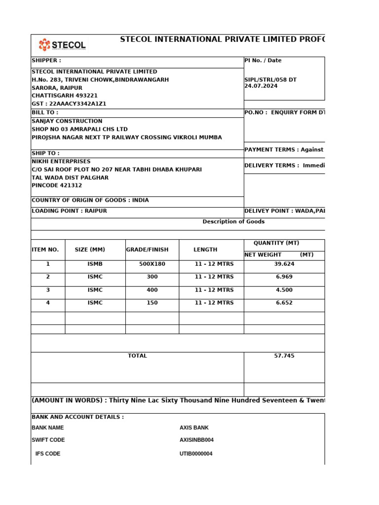 Proforma Invoice for STECOL International | PDF | Freight Transport