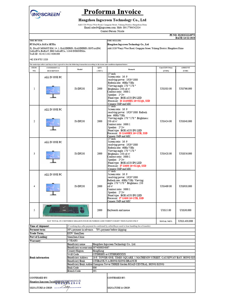 Proforma Invoice for All-in-One PCs | PDF