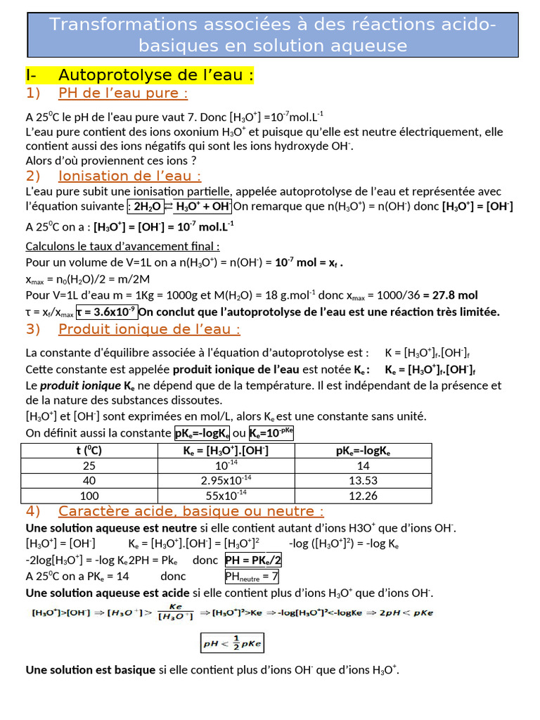 Réactions acido-basiques en solution aqueuse | PDF | Ph | Molécule d'eau