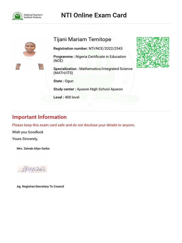 NTI NCE Exam Card for Mathematics | PDF