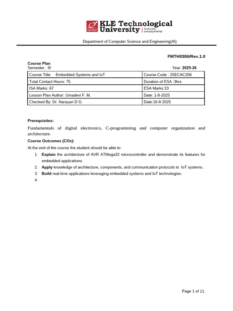 Embedded Systems and IoT Course Plan | PDF | Internet Of Things ...