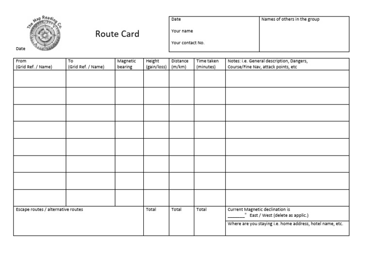 Route Card Template for Navigation | PDF