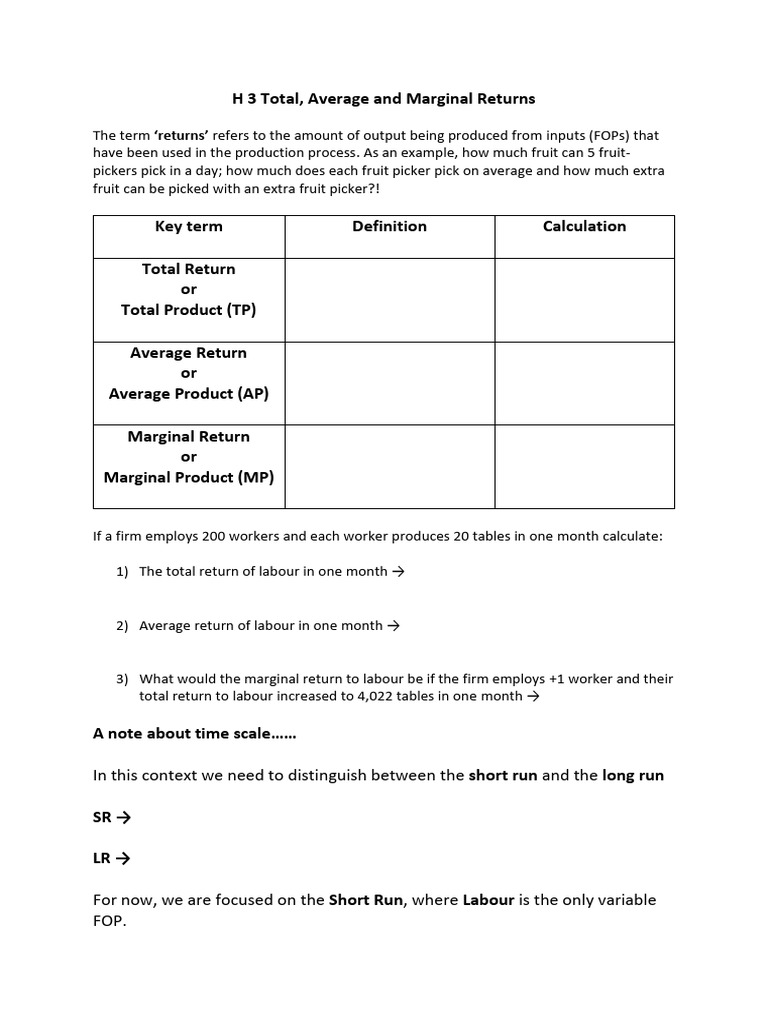 H 3 Total Average and Marginal Returns | PDF