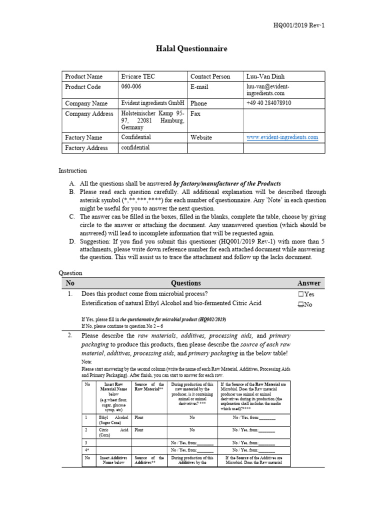 Halal Questionaire | PDF | Sugar | Diet & Nutrition