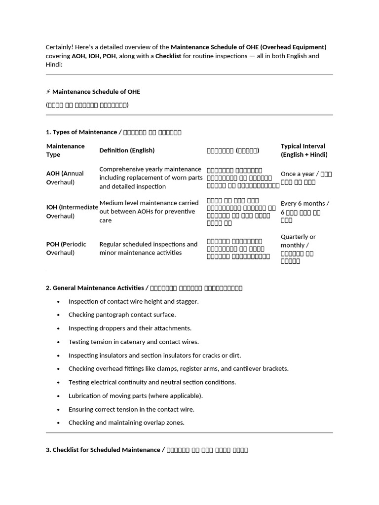 Maintenance Schedule of OHE | PDF