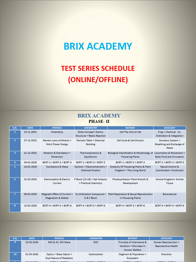Brix Academy Test Series Schedule 2025-2026 | PDF | Chemistry | Plants