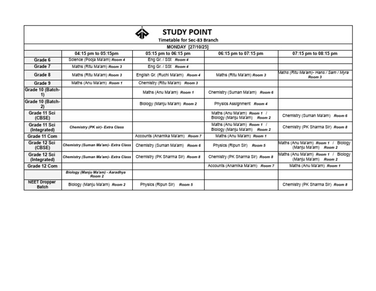 Sec-83 Branch Timetable for 27/10/25 | PDF