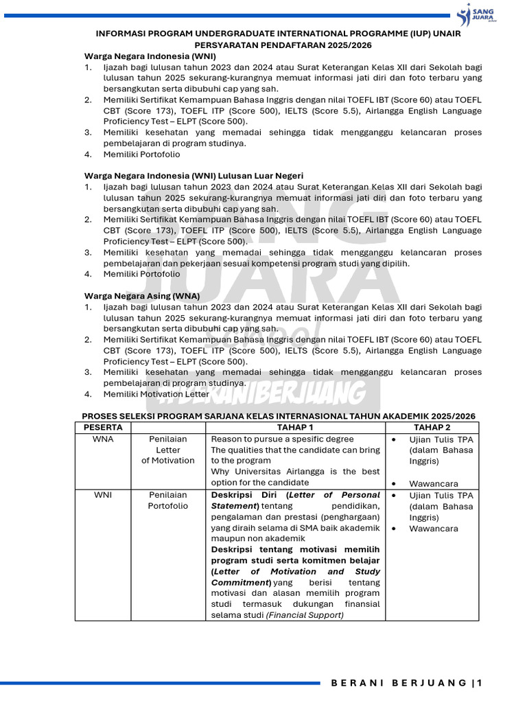 Persyaratan Pendaftaran IUP UNAIR 2025/2026 | PDF
