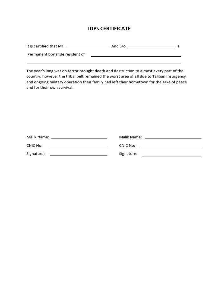 IDP Certificate for War-Affected Families | PDF
