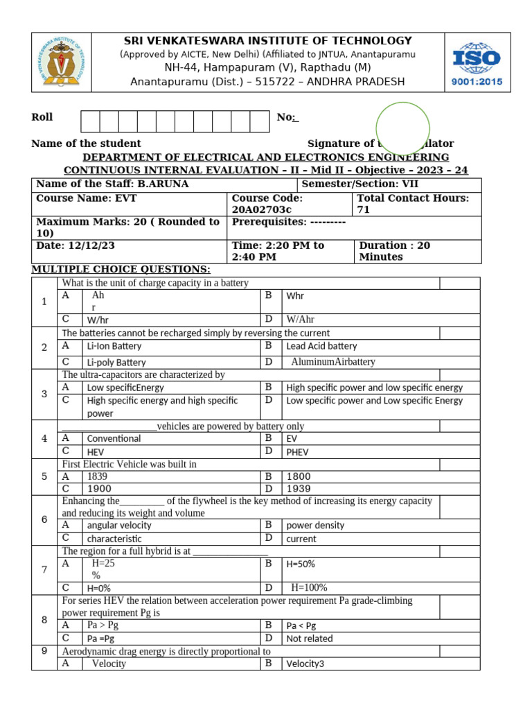 EVT Mid II Evaluation Questions 2023 | PDF | Hybrid Electric Vehicle ...