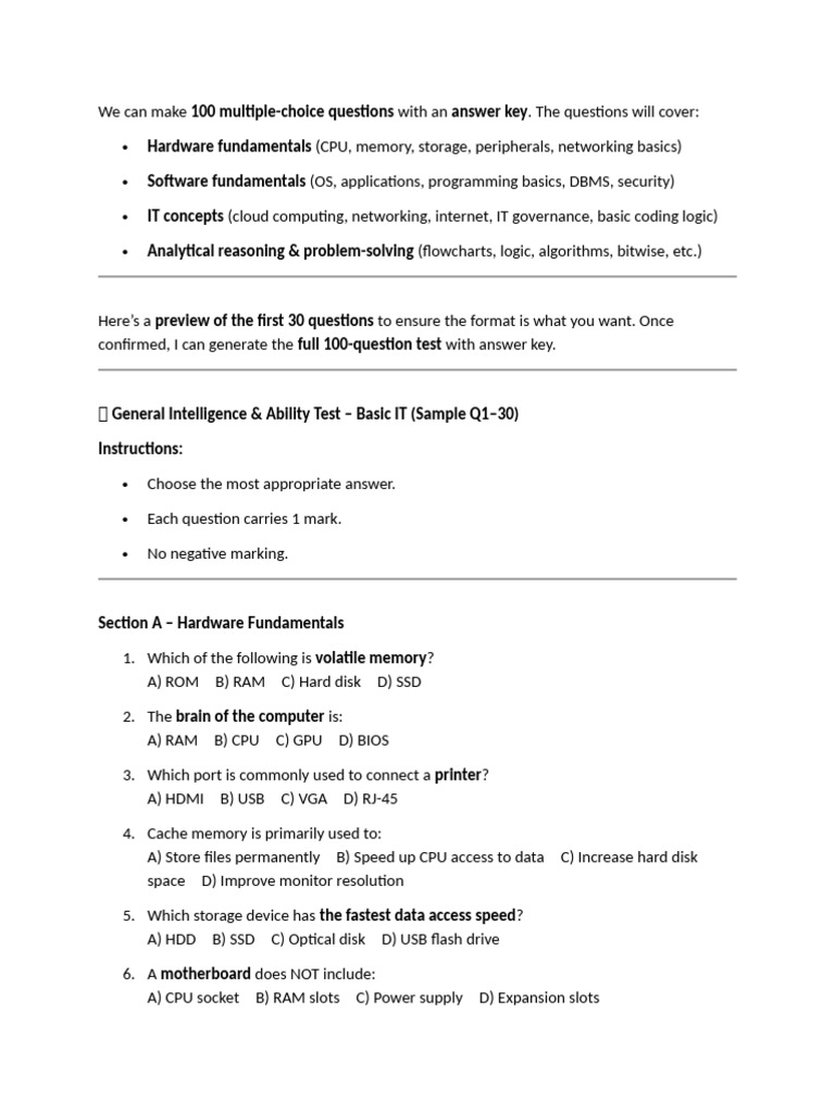 100 IT Fundamentals MCQs with Answers | PDF | Computer Network ...
