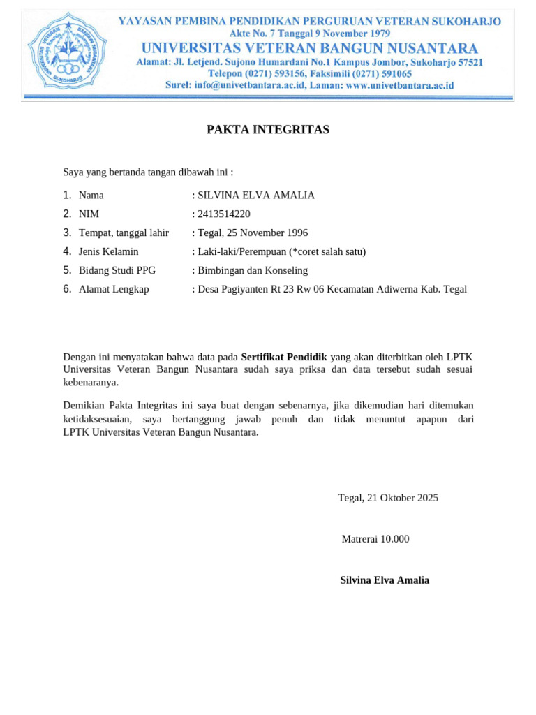 Template Pakta Integritas Silvi | PDF