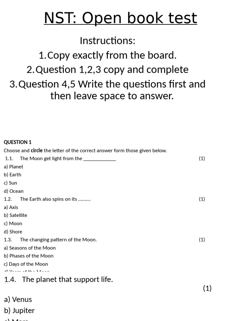 Open Book Test on Earth and Moon | PDF | Planets | Moon