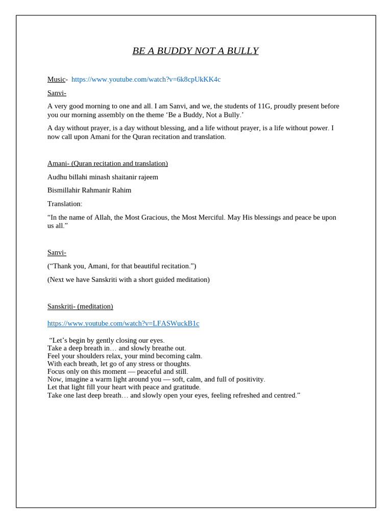 Be a Buddy, Not a Bully Assembly | PDF