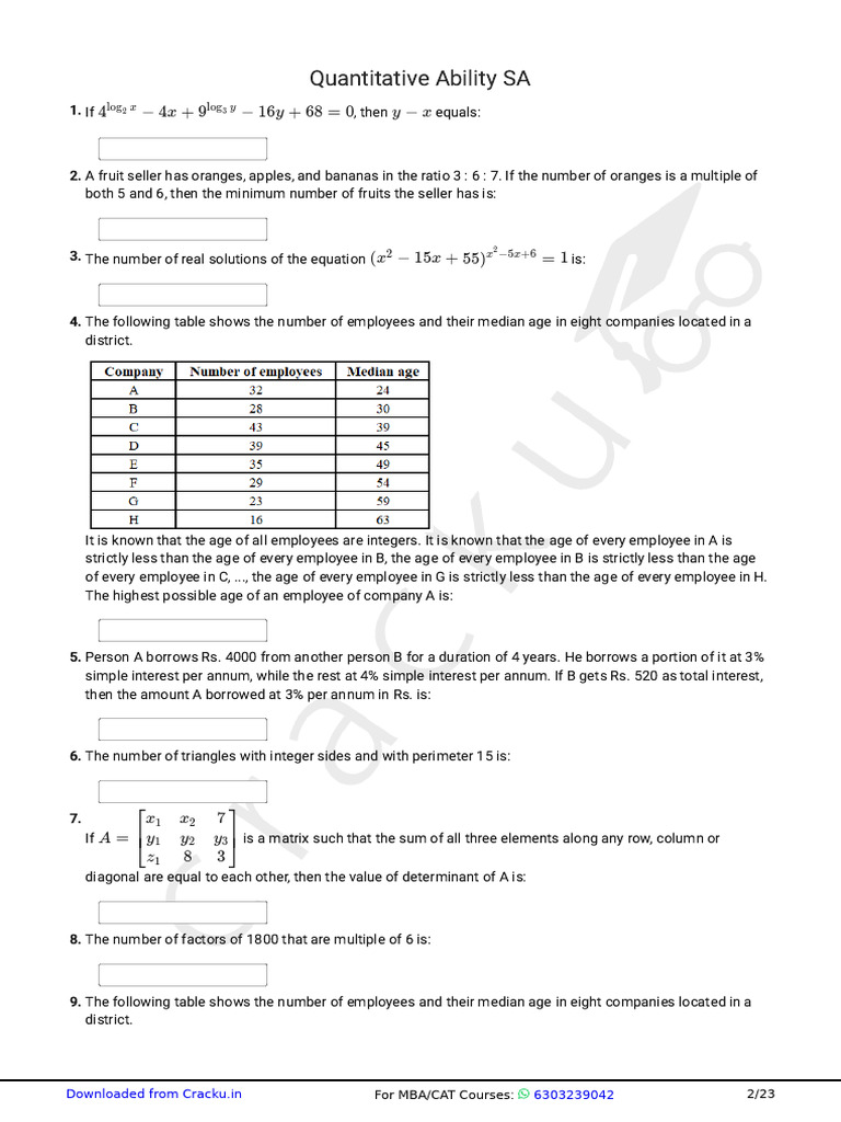 MBA Quantitative Ability Practice Questions | PDF | Anxiety | Fear