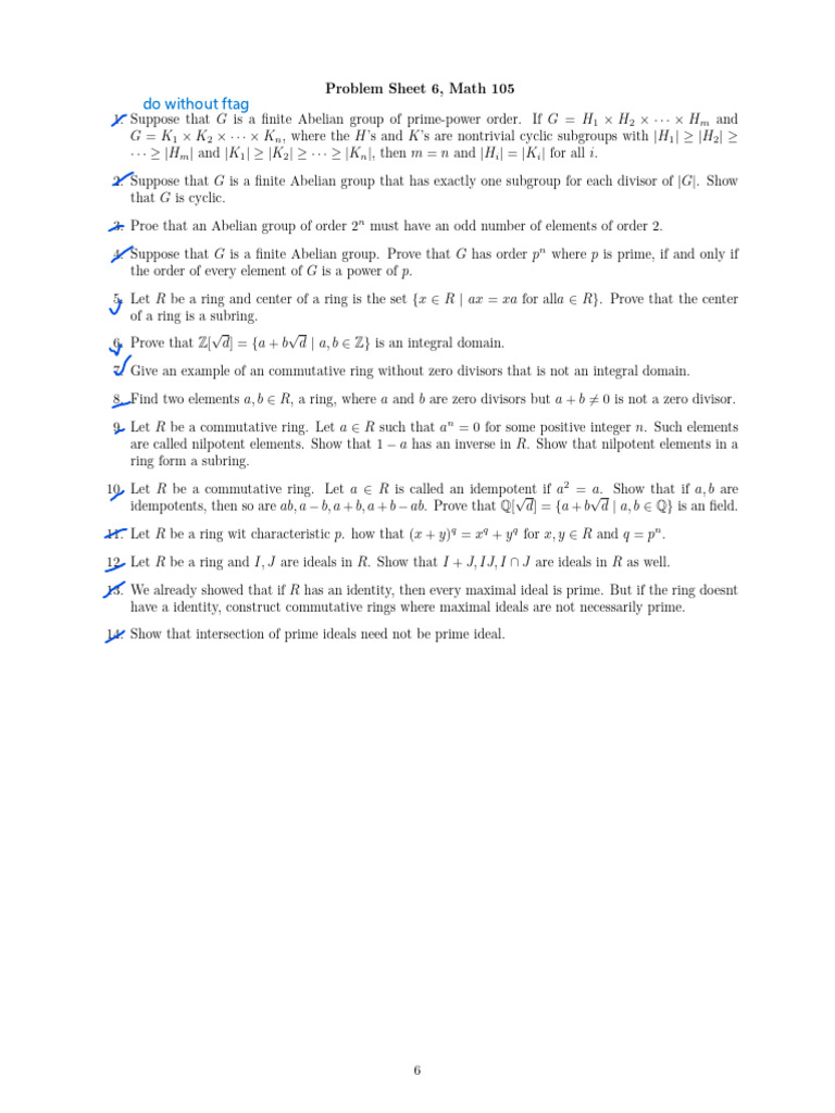 Math 105 Problem Sheet: Abelian Groups & Rings | PDF
