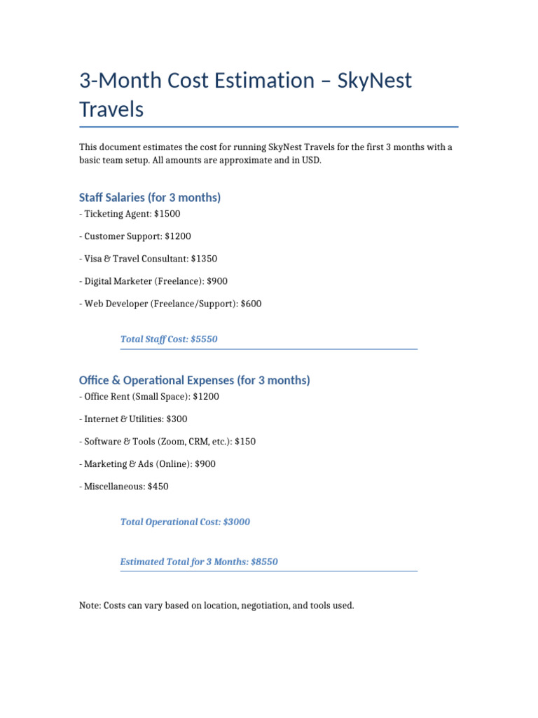 SkyNest Travels 3 Month Cost Estimate | PDF
