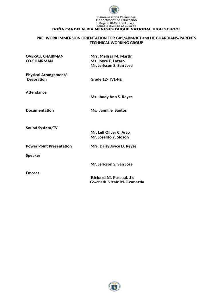Pre-Work Immersion Orientation 2024 | PDF | Philippines