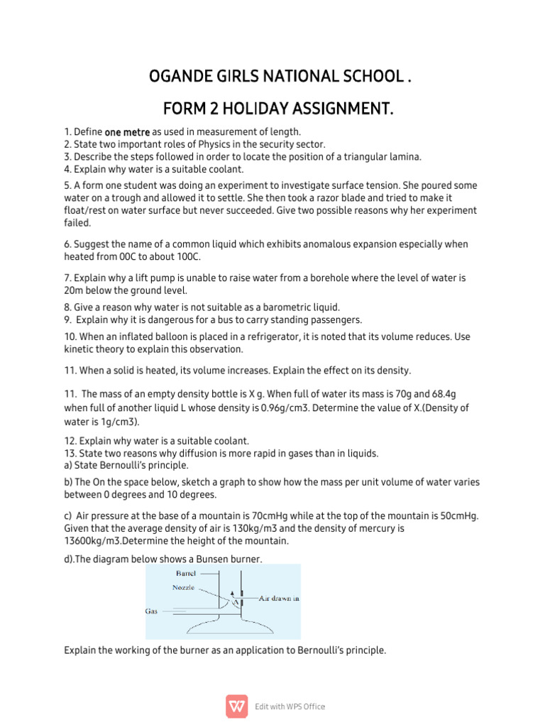 Form 2 Physics Holiday Assignment | PDF | Mirror | Sound