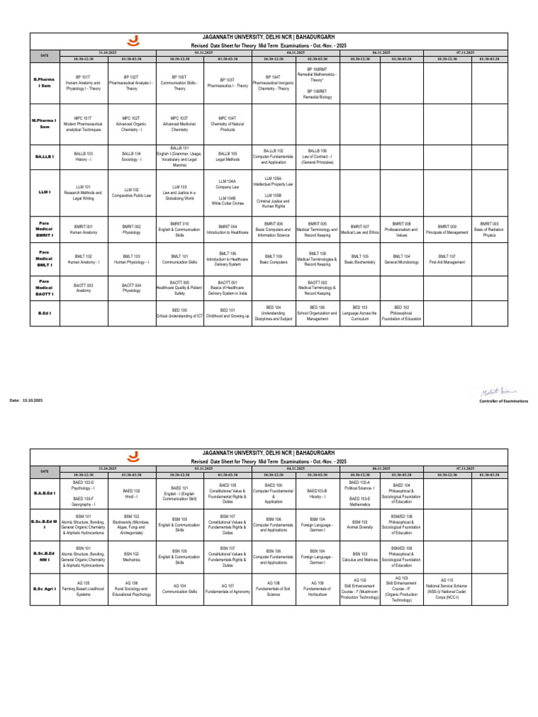 Revised Mid Term Exam Date Sheet 2025 | PDF | Medical Imaging ...