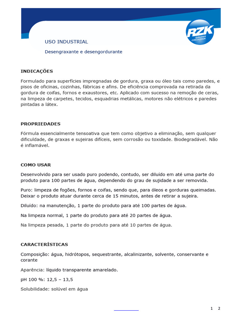 Desengraxante RZK 101: Uso e Precauções | PDF | Gordura | Solubilidade