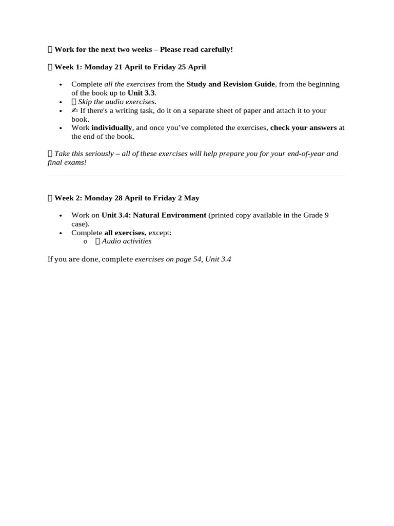 Two-Week Study Plan for Grade 9 Exams | PDF