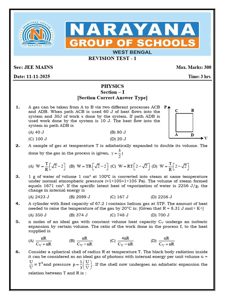 JEE Mains Physics Revision Test 2025 | PDF | Gases | Mole (Unit)