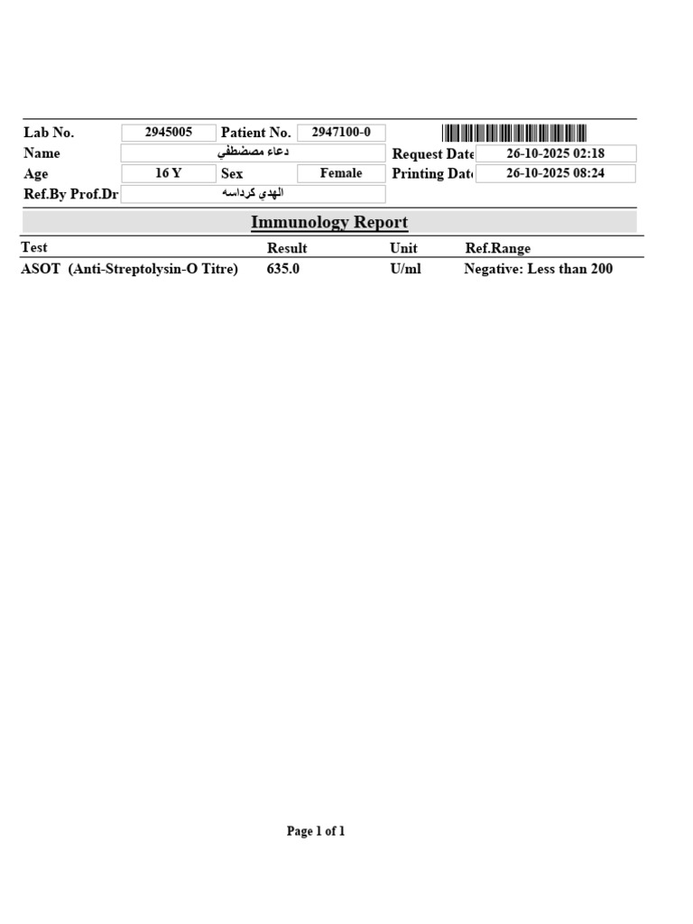 ASOT Immunology Test Results Report | PDF