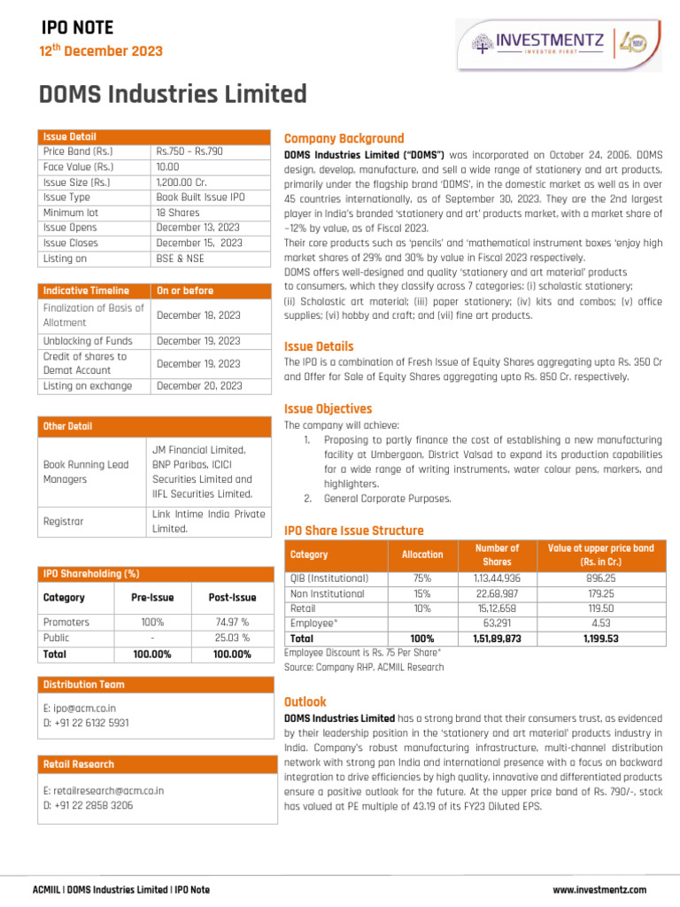 DOMS Industries IPO Details and Overview | PDF | Pencil | Brand