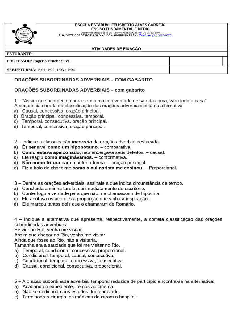 Atividades de Orações Subordinadas Adverbiais. | PDF | Sintaxe