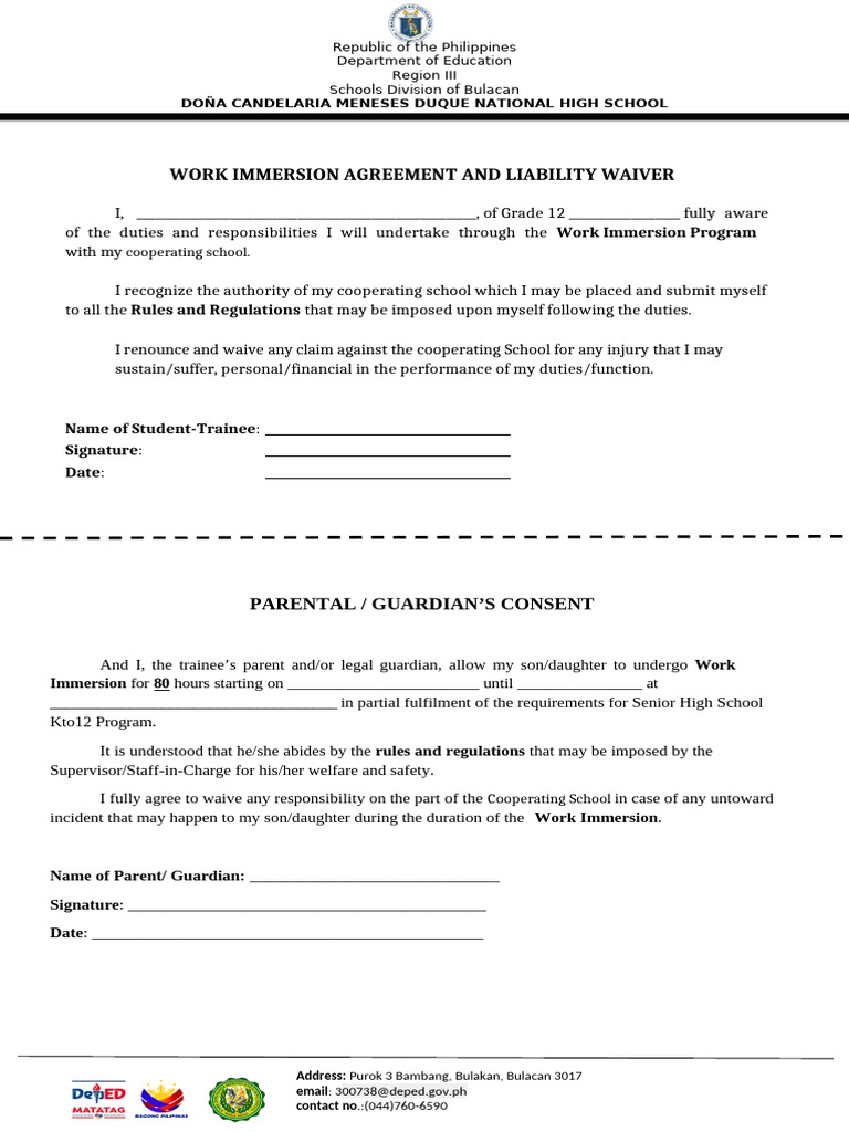 Work Immersion Agreement & Liability Waiver | PDF