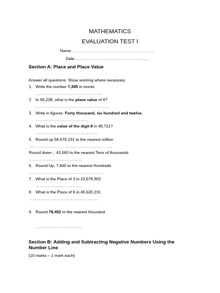 Mathematics Evaluation Test I | PDF