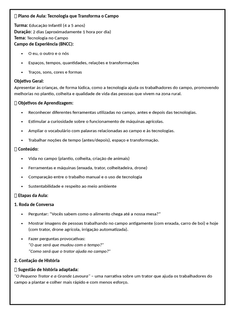 ? Plano de Aula | PDF | Agricultura | Trator