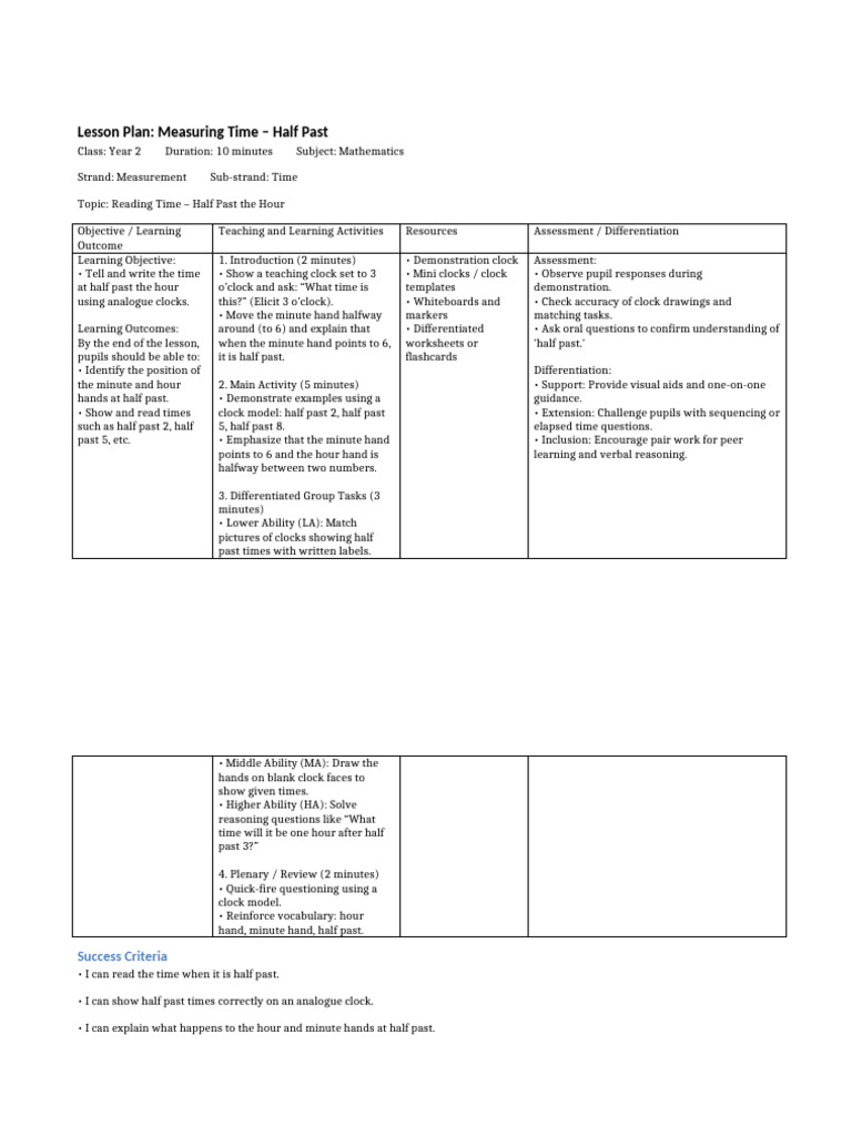 Year2 Measuring Time HalfPast Pearson LessonPlan | PDF | Clock | Lesson ...