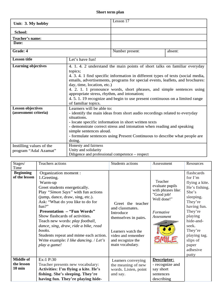 Fun Activities and Sports Lesson Plan | PDF | Vocabulary | Reading ...