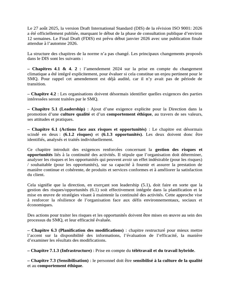 Révision ISO 9001:2026 : Changements clés | PDF | Système de management ...