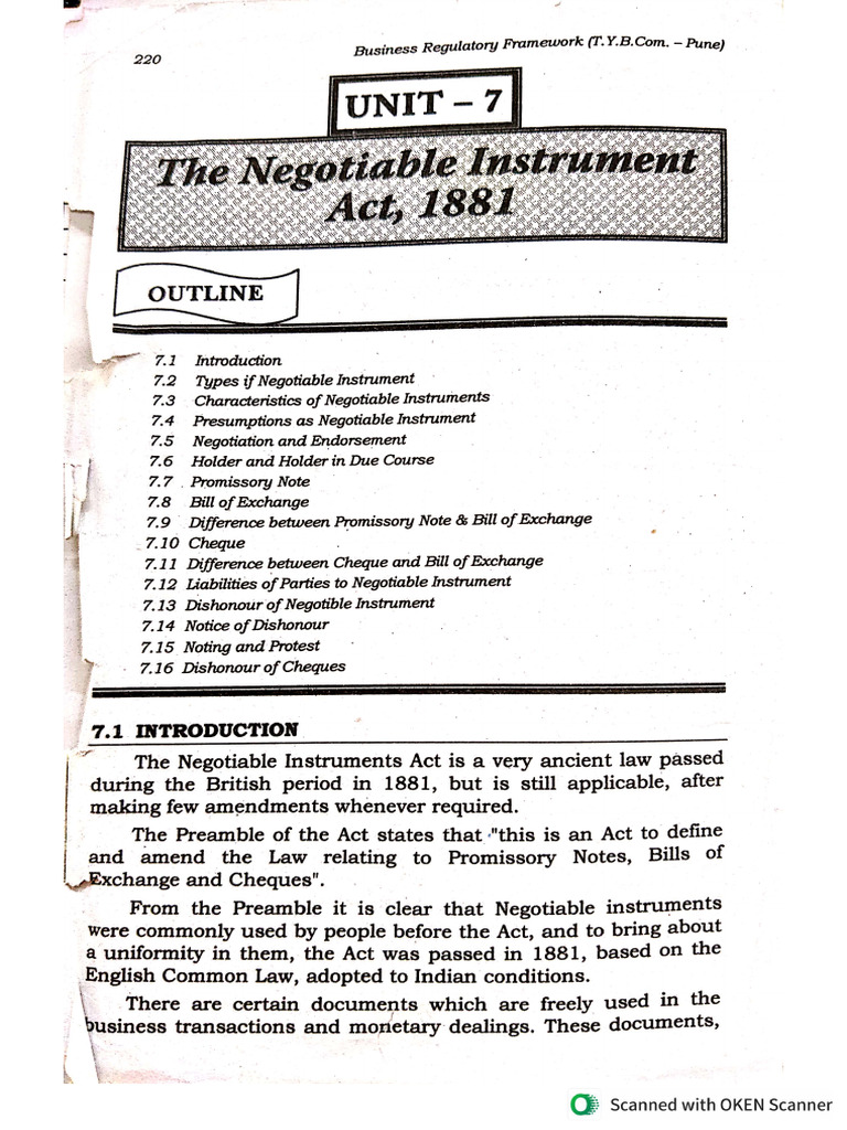 Unit 2. Negotiable Instrument Act 1881 | PDF