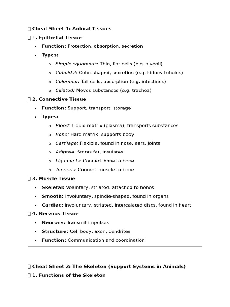 Animal Tissues and Skeleton Cheat Sheet | PDF | Skeleton | Tissue (Biology)