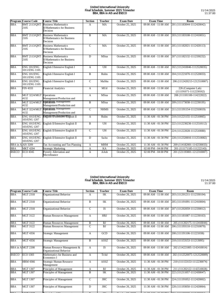 Summer 2025 Exam Schedule: BBA & BSECO | PDF | Business | Economies