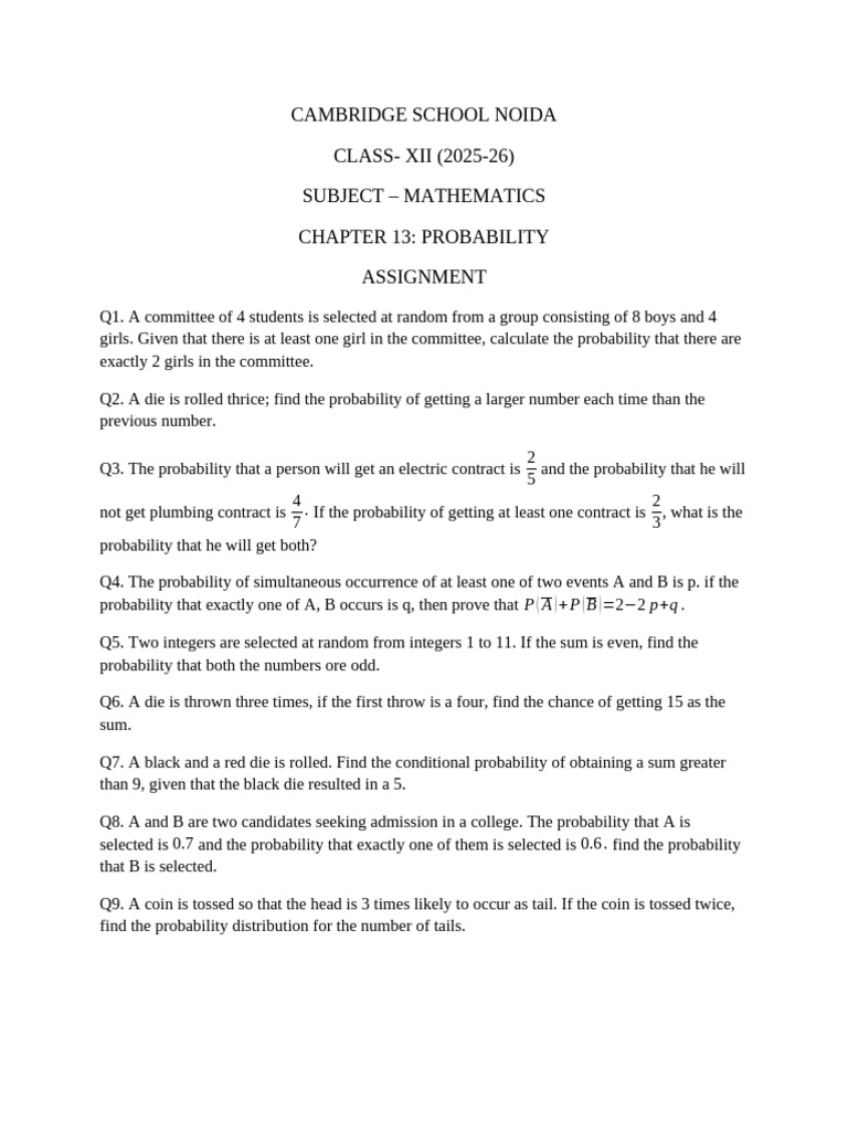 Class XII Mathematics Probability Assignment | PDF | Probability ...