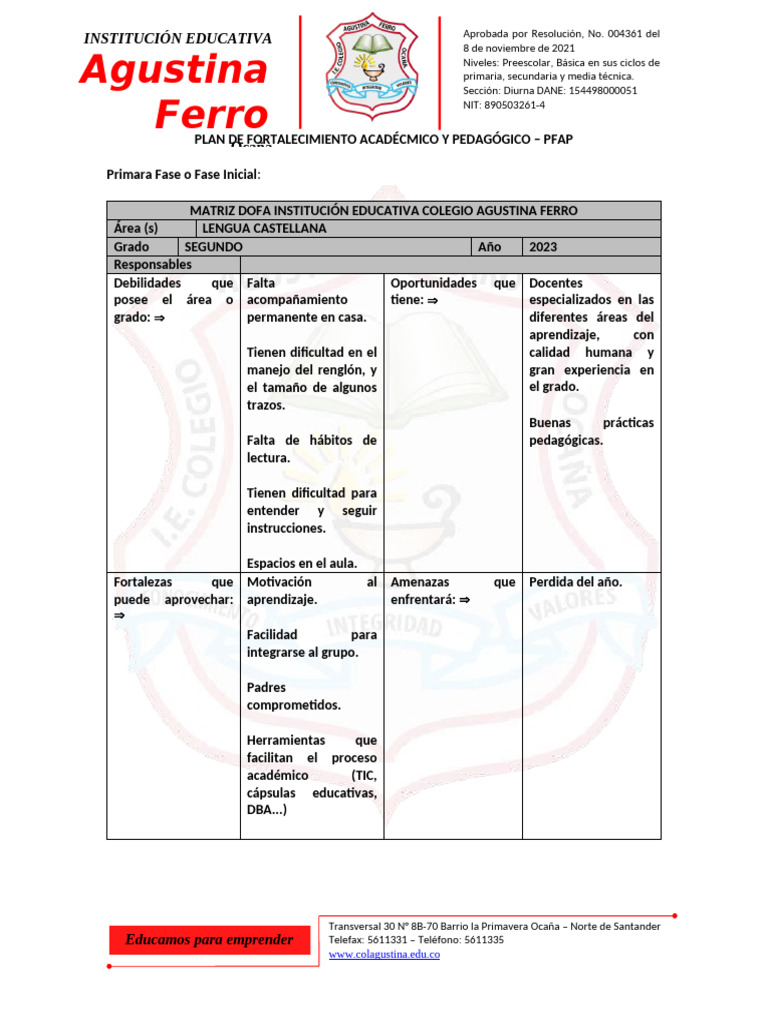 FORMATO PFAP LENGUA CASTELLANA 2° Grado | PDF | Educación de la primera ...