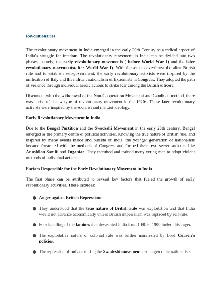 Early Revolutionary Movements in India | PDF | Partition Of India ...