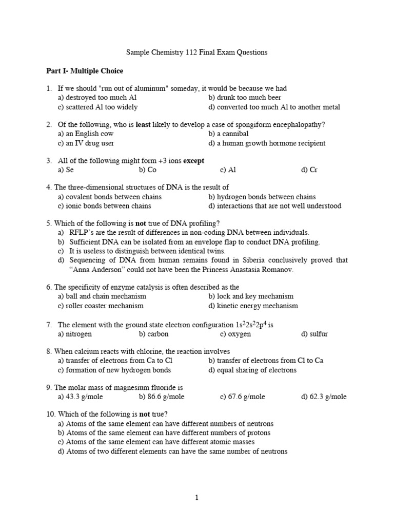 Sample Chemistry Final Exam Questions | PDF | Chemical Elements ...