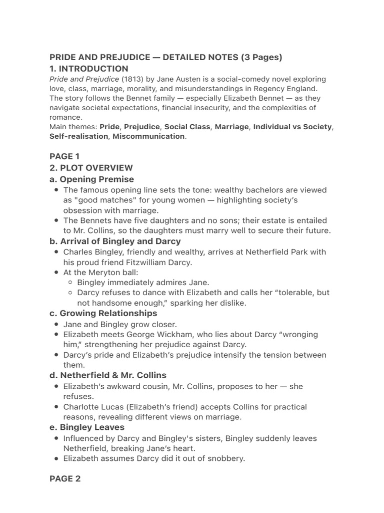 Pride and Prejudice — Detailed Notes (3 Pages) | PDF | Mr. Darcy ...