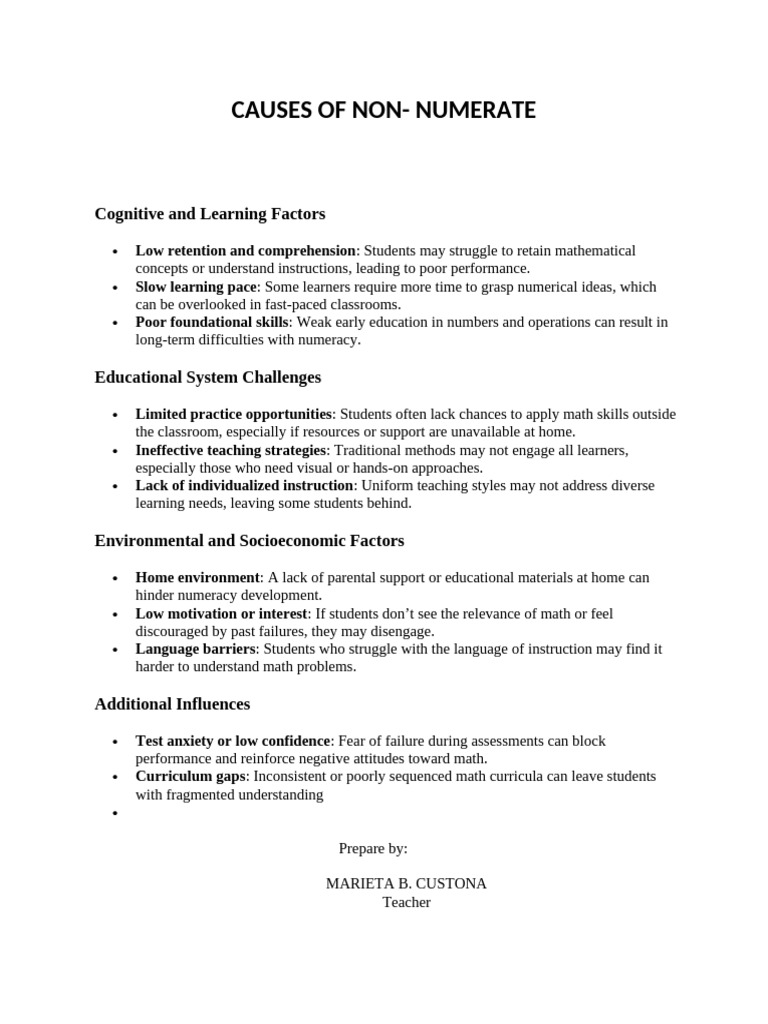 Causes of Non- Numerate | PDF