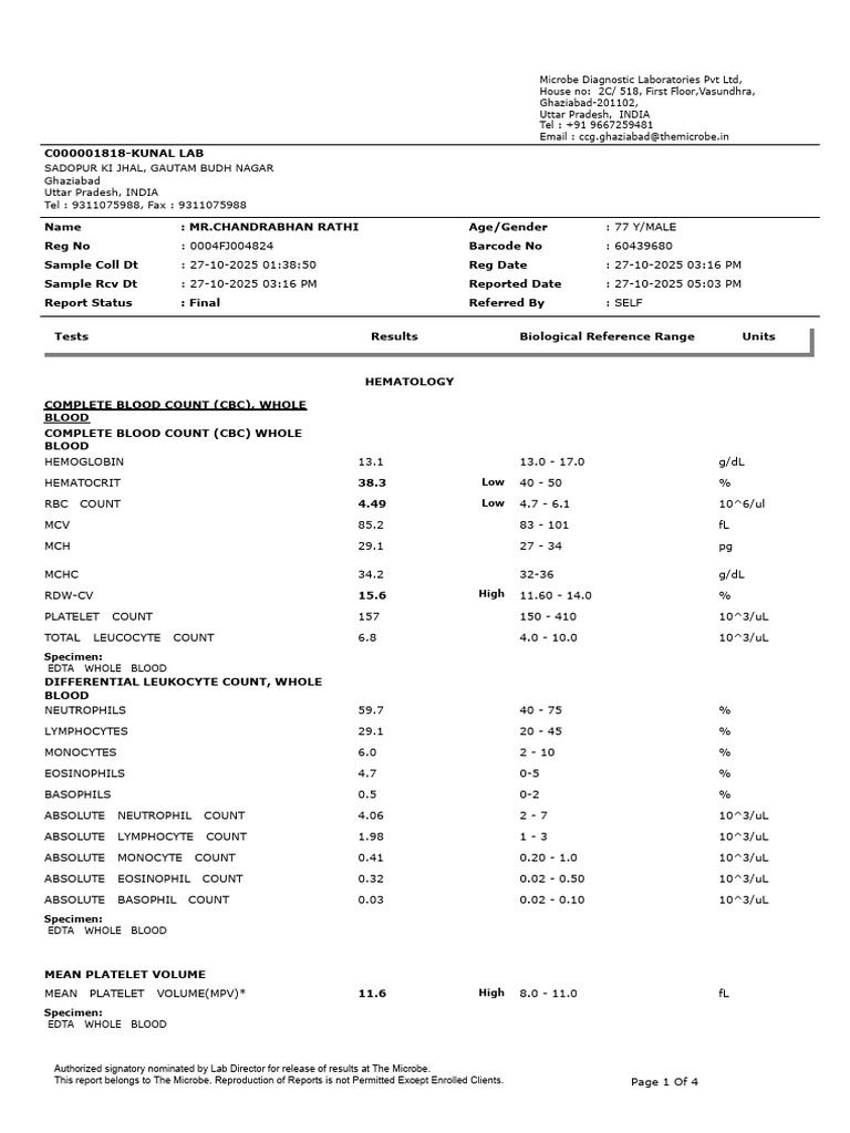 Blood and Biochemistry Report for 77-Year-Old | PDF | White Blood Cell ...