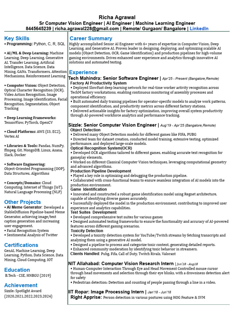 Senior AI Engineer in Computer Vision | PDF | Artificial Intelligence ...