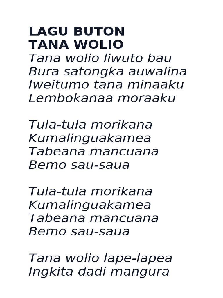 Lirik Lagu Tana Wolio dan Buton | PDF