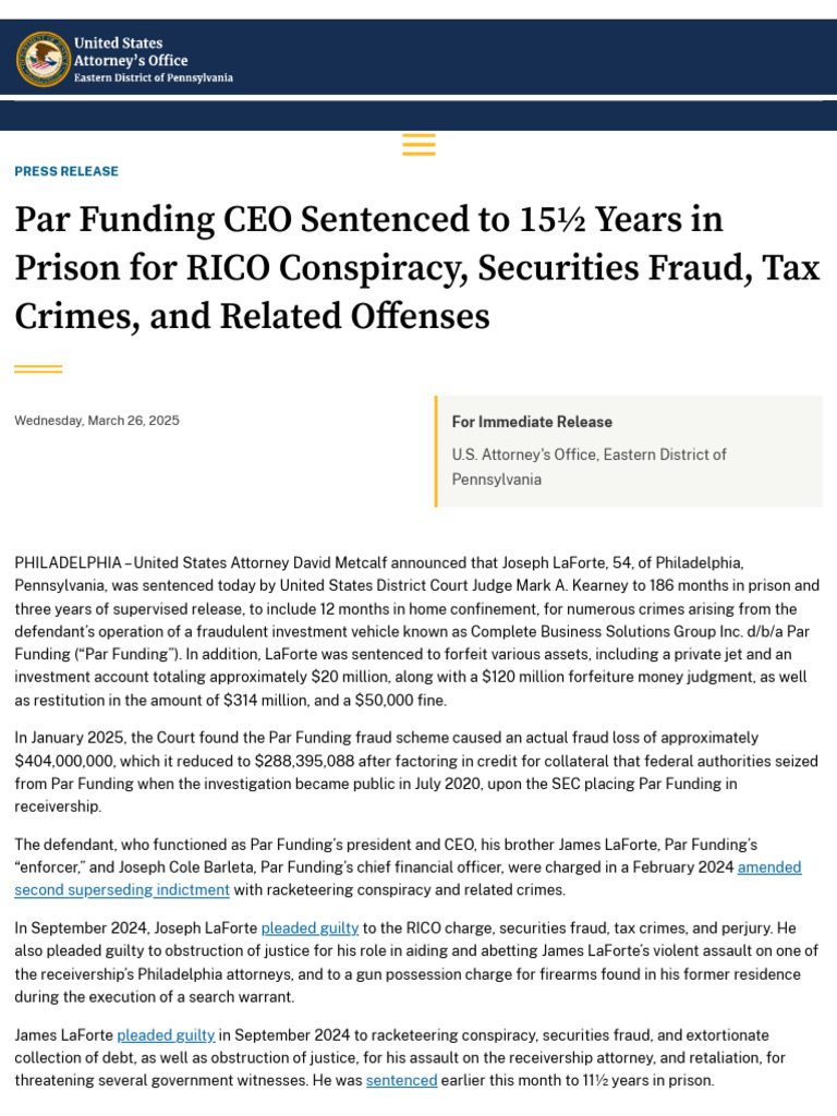Par Funding CEO Sentenced To 15 Years in Prison For RICO Conspiracy ...