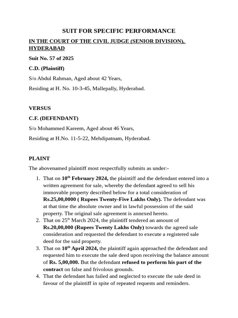 Suit For Specific Performance | PDF | Lawsuit | Civil Law (Legal System)